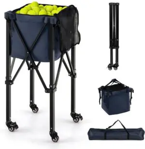 Costway Verrijdbare Aluminium Ballenmand Draagbaar Met 4 Wielen - Tot 150 Tennisballen - Inklapbaar En Lichtgewicht - Ballenkar trolley - Met Zijvak en Draagtas - Blauw