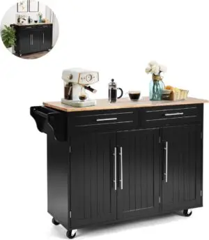 Keukeneiland - Verplaatsbaar - Keukenkast - Dressoir - Organizer - Kasten - Houten Werkblad - 2 Deuren - Zwart